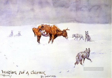 古典的 Painting - チヌークを待ちながら 1903 年 チャールズ マリオン ラッセルの狩猟